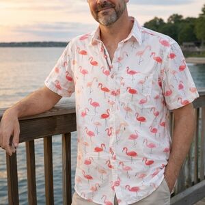 Amongst Others White Short-Sleeve Button-Down Shirt with Pink Flamingo Print